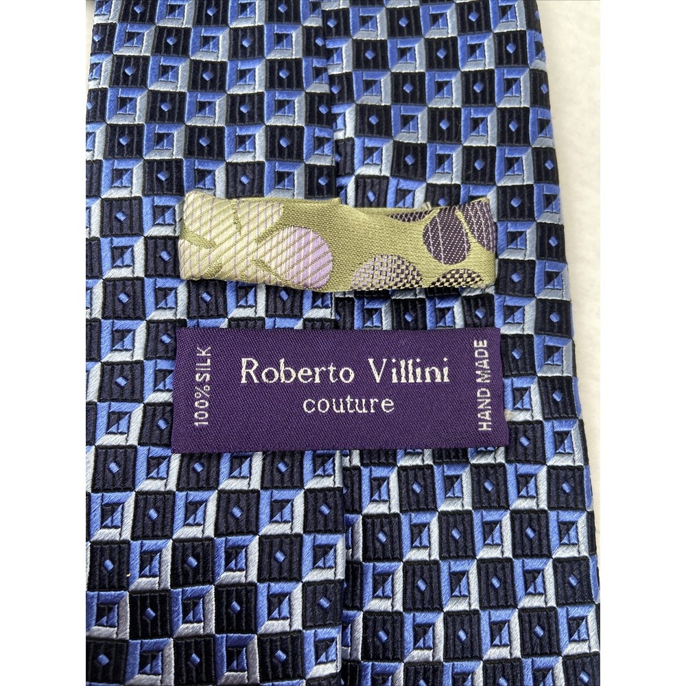 Roberto Villini Couture Black and Blue Check Hand Made Necktie Tie Silk Nice!!
